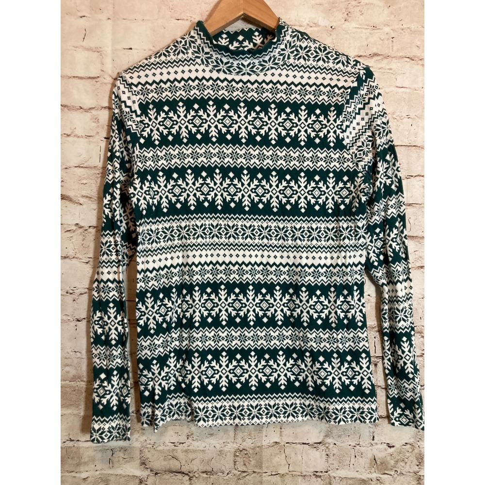 Time And Tru Top Womens Large Forest Green Fair Isle Snowflake Print Mock Neck